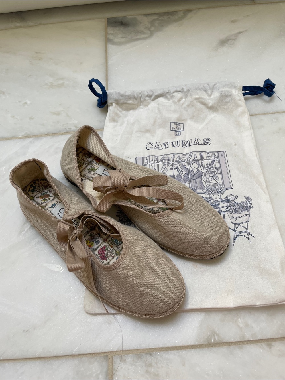 Cayumas - Women's Beige Linen Espadrille Flats with Ribbon Tie